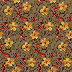 Fototapeta premium Seamless floral pattern with elegant vintage garden. Beautiful flower print, botanical design with hand drawn branches, small flowers, leaves in natural colors. Vector illustration, flower background.