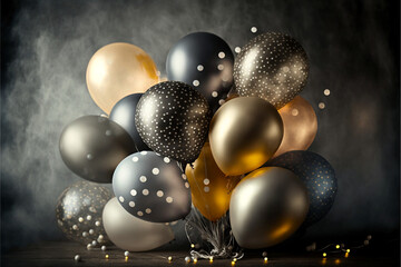 Metallic Balloon Illuminated Bouquet, Silver Gold Gray Clear Polka Dot, on a table with a strand of twinkle lights, smoke background Generative AI