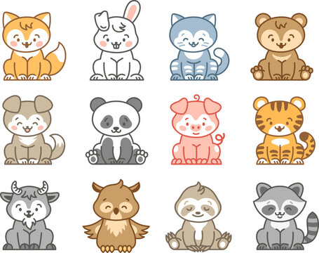 Kawaii animal characters. Bunny, fox and tiger isolated cartoon animals. Pastel cute childish stickers. Tidy cat mascot, vector line woodland set