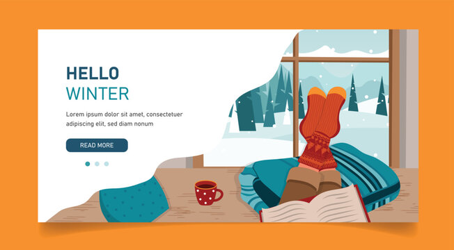 Feet in knitted socks are lying on the table in front of the window. Mug of coffee and book. Outside the window is an winter landscape. Cozy winter. Concept for vacation. Flat Vector illustration