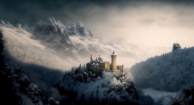 Fantasy background with mysterious medieval castle in snowy mountains. digital art	