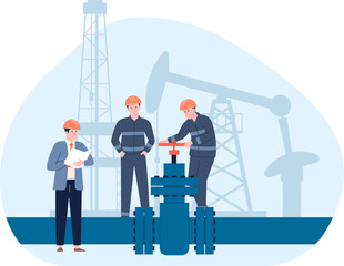 Oil gas pipeline concept. Flat petroleum gas workers and pump. Maintenance engineering, industrial engineer mechanic recent vector scene