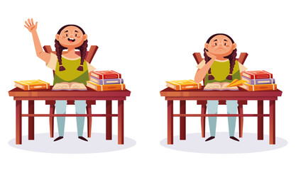 Happy and tired school children sitting in classroom concept. Vector graphic design illustration element