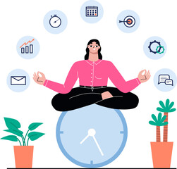 Woman keep calm and management time. Business person meditation, successful planning and work process. Sapid flat office vector character