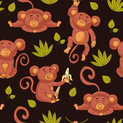 Monkey character jungle forest style seamless pattern concept. Vector graphic design illustration element