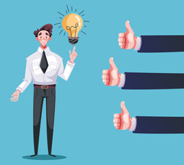 Fototapeta na wymiar Office workers character having good idea with thumb up hand like button concept. Vector graphic design illustration element