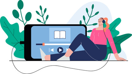 Girl listen music or web podcast in headphones. Smartphone online library, young woman relax with audio book. Sapid digital technologies in life vector concept