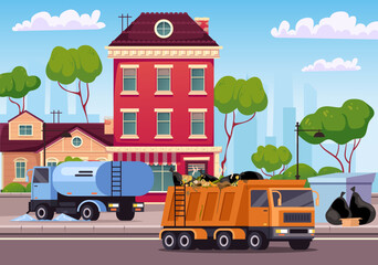 City town street cleaning garbage trash truck concept. Vector graphic design illustration element