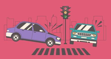 Car crash accident on red traffic light concept. Vector graphic design illustration element
