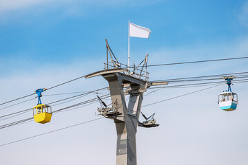 Cable car gondolas transporting tourists from station in Rheinpark in Cologne, Germany. Sightseeing...