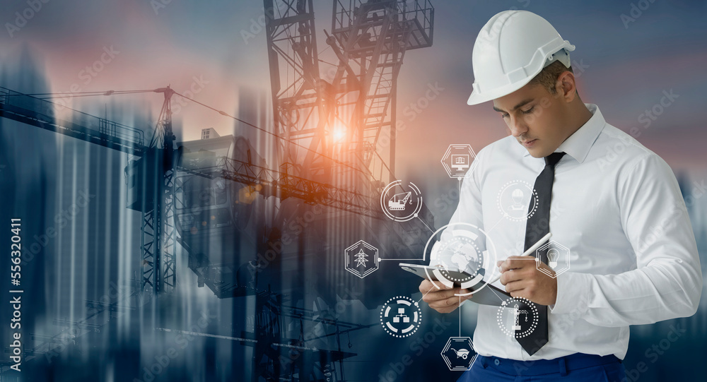 Fototapete future building construction engineering and technology project concept. double exposure graphic wit