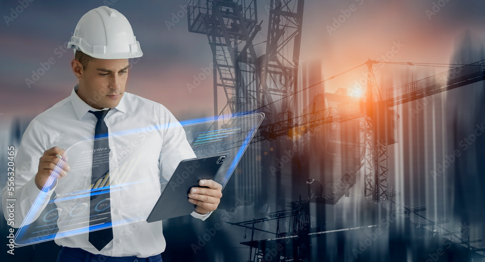 Fototapete future building construction engineering and technology project concept. double exposure graphic wit