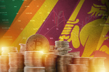 Sri Lanka flag and big amount of golden bitcoin coins and trading platform chart. Crypto currency...