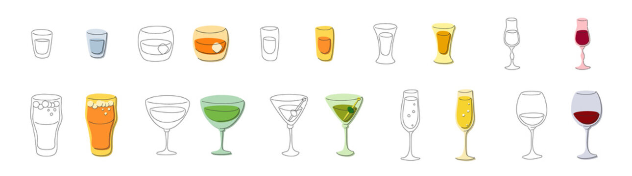 Drink glass. Alcohol concept. Beverage icon set. Line design. Vodka, wine,  champagne, whiskey, liquor, beer, tequila, rum, martini. Cartoon  illustration isolated on white background in flat style Stock Vector