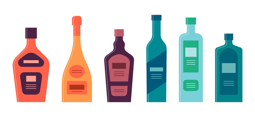 Bottle of liquor champagne tequila vodka shnapps gin. Graphic design for any purposes. Flat style. Color form. Party drink concept. Simple image shape