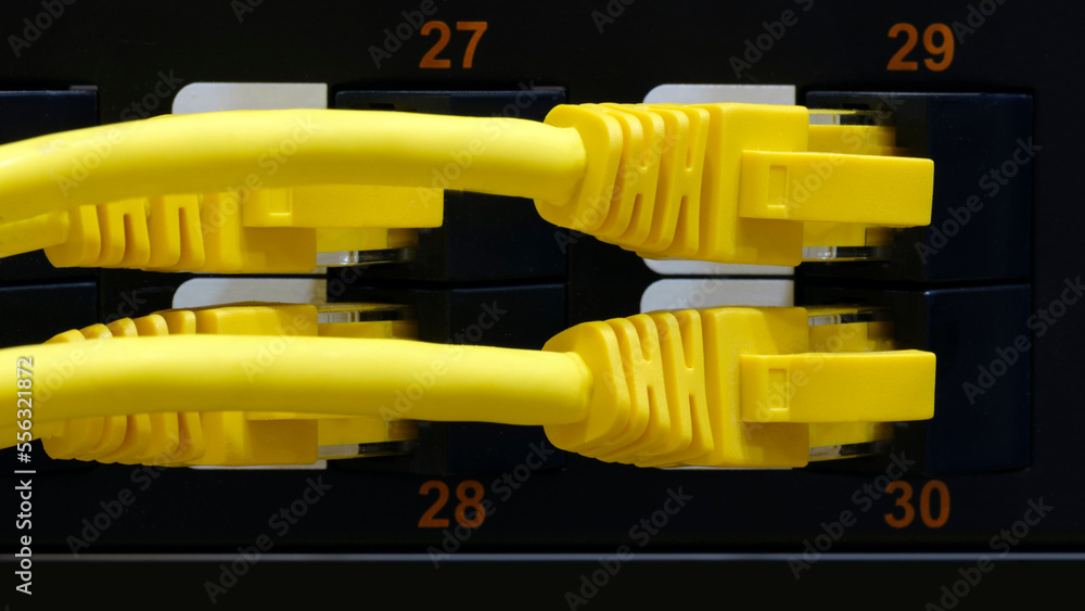 Poster multi colored network cables connected to switch, network technology concept
