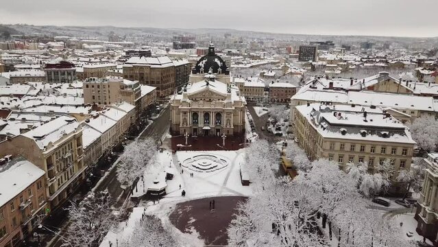 central part of the city of Lviv, Ukraine in winter, drone flight