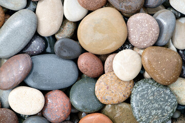 Fototapeta na wymiar Smooth round wet pebbles texture background. Pebble sea beach close-up