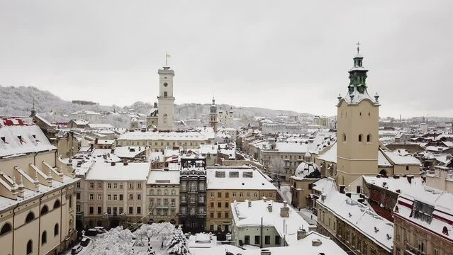central part of the city of Lviv, Ukraine in winter, drone flight