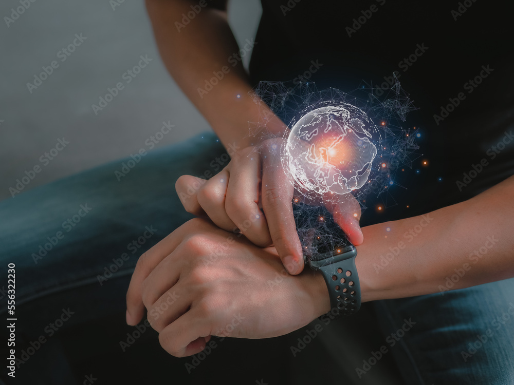 Poster social network communication.global network connection concept.businessman touching smart watch glob