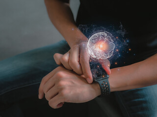 Social network communication.Global network connection concept.Businessman touching smart watch global big data.Global digital connections with technology.
