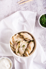 Fresh meat dumplings in a bowl with sour cream and herbs. Homemade food. Top and vertical view