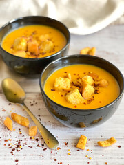 Butternut Squash Soup, with potatoes, onions, olive oil, croutons and red pepper. 