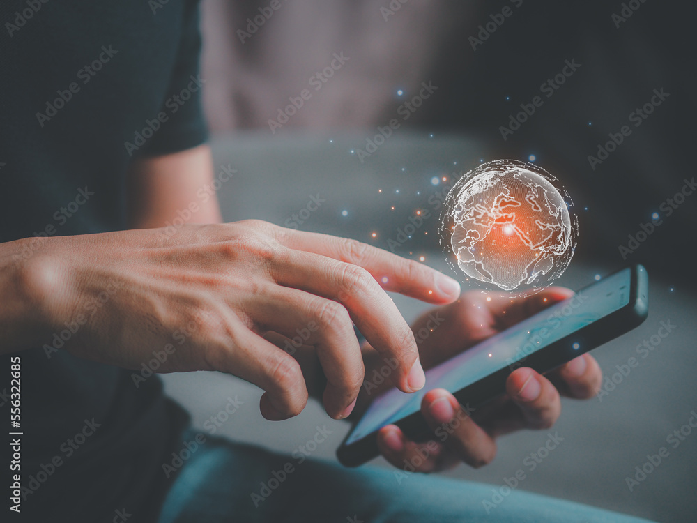 Poster social network communication.global network connection concept.businessman touching smart phone glob