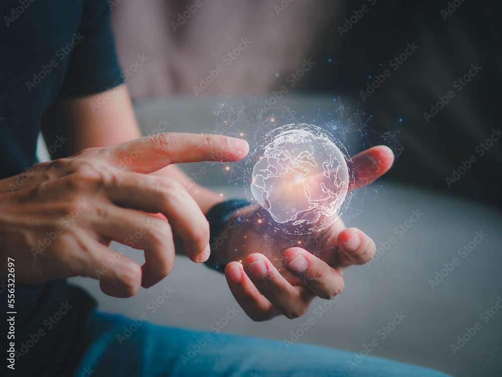 Poster social network communication.global network connection concept.businessman touching global big data.