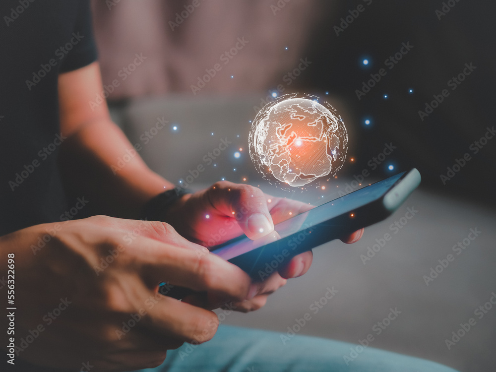 Poster social network communication.global network connection concept.businessman touching smart phone glob