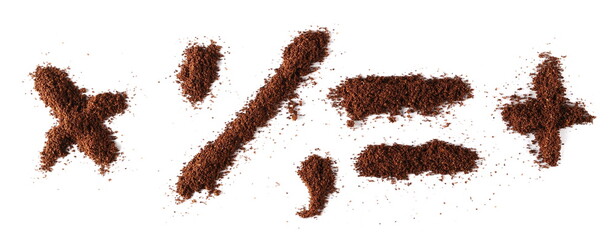 Ground coffee in shape basic mathematically symbols isolated on white, clipping path