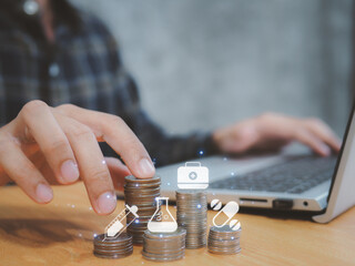 concept saving money for finance accounting.piggy for saving money wealth and financial concept..Growing Money Plant On Coins Investment health business Concept