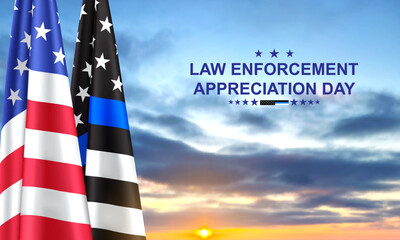 Thin Blue Line. American flag with police blue line on a background of sunset. Support of police and law enforcement. National Law Enforcement Appreciation Day. EPS10 vector