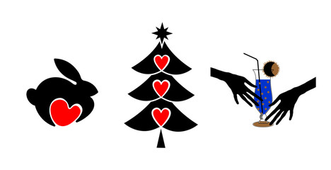 Set for a new years card. Rabbit is a symbol of the year with a heart, a Christmas tree with three hearts, hands with a star cocktail