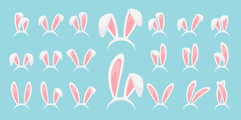 Easter bunny ears set isolated. White hare ears collection. Funny cartoon rabbit ears band for costume design vector illustration