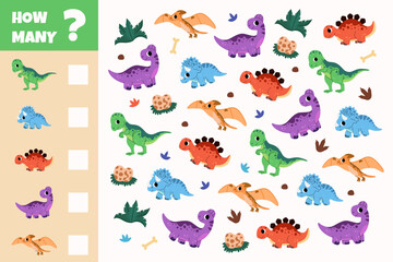 Count how many dinosaurs and write the result for Preschool Children. Education mathematical counting game. Count the number of animals. Mini math worksheet for kindergarten kids. Cartoon Vector