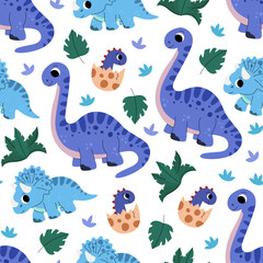 Fototapeta na wymiar Pattern of cute baby jurassic dinosaurs, egg, palm leaf, grass for kids. Childish prehistoric dino paleontology. Brontosaurus, triceratops. Cartoon vector.