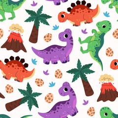 Pattern of cute baby jurassic dinosaurs, egg, palm, leaf, volcano. Childish prehistoric dino paleontology. Brontosaurus, velociraptor, triceratops, tirex, tyrannosaurus, pterodactylus. Cartoon vector.