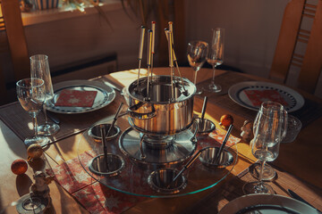 eating fondue with family at home