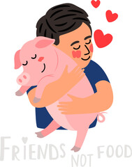Happy kind boy hugging a piglet and shows his love to animals. Nature respect concept and vegan lifestyle. Cute pink pig with little hearts. Vector illustration friendship between people and animals
