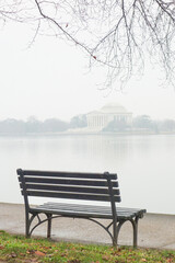 Fototapeta premium Washington DC in the winter- Jefferson Memorial and cherry trees at tidal basin in a foggy day - Washington DC United States