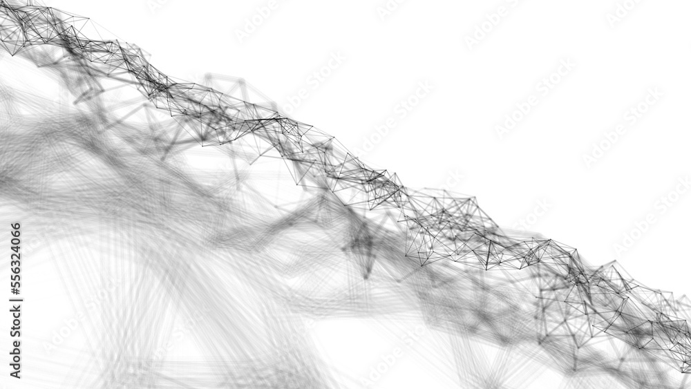 Poster Wave of particles on a white background. Abstract interlaced lines and dots. Digital connection of elements. Imitation of waves. 3d rendering.