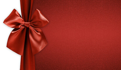 red ribbon bow isolated on glitter background, top view copy space for gift greeting card, Merry...