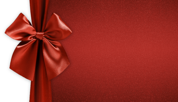 red ribbon bow isolated on glitter background, top view copy space for gift greeting card, Merry Christmas and happy Easter or mother and valentine day banner, template for wrapping chocolates box