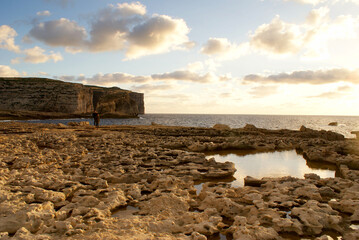 Famous Azure Window in Malta, this stone formation collapsed in 2017, dramatic view of a rocky...