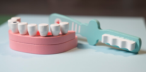 dentier et brosse a dent en bois, métier de dentiste jeu pour enfant © Esta Webster