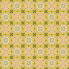 Seamless, Vector Image of Interlocking Rectangular Shapes and Crosses Forming a Repeating Pattern in Orange and Green Tones. Can Be Used in Design and Textiles