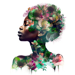 Double exposure portrait beautiful african american woman, flowers, abstract. Watercolor drawing. AI © liliya