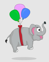 Elephant flying with balloon, looks happy with a smile on his face
