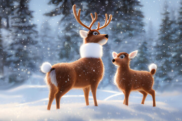 Reindeer in the snow for Christmas decorion. Generative AI.